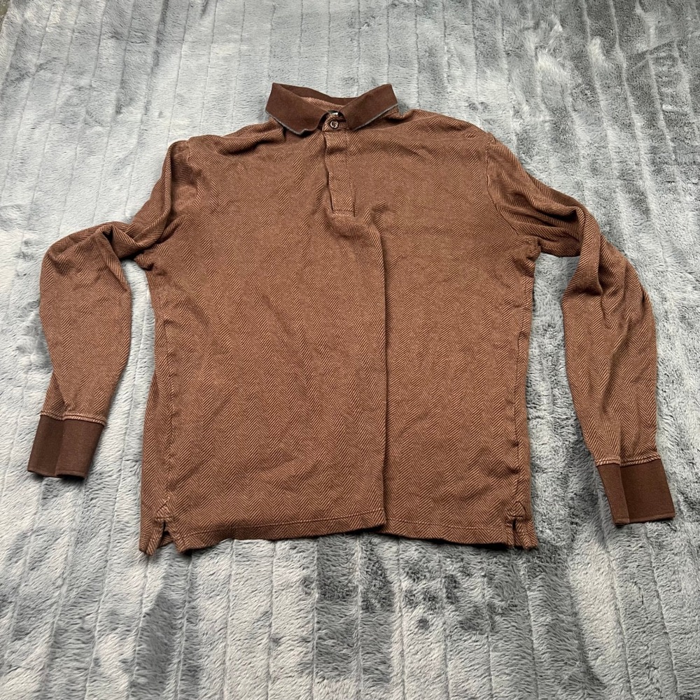 Express Brown Herringbone Long Sleeve Polo Shirt 100% Cotton Size Medium